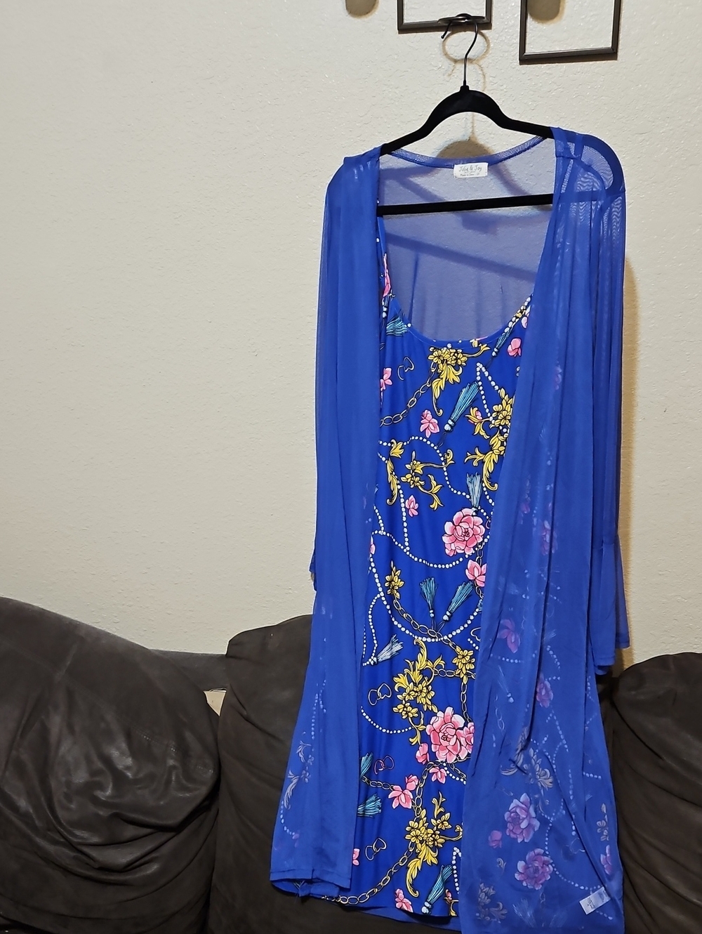Blue Floral Midi Dress with Sheer Blue Duster